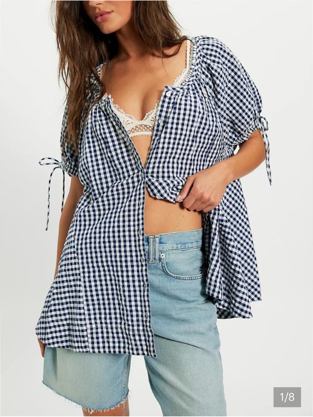 Free People Size XL Navy & White Gingham Tie-Sleeve Peasant Blouse NWT